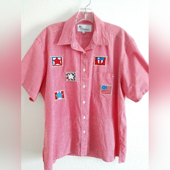 Fun Vintage Mili Designs Patriotic Red Gingham Camp Shirt Short Sleeve Medium - Picture 1 of 7